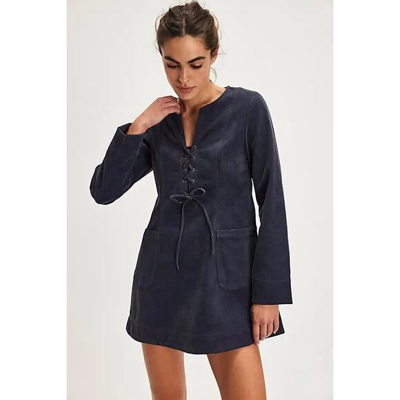 New Free People Bradley Faux Suede Shift Style Mini Dress $168 X-SMALL Lace-up - Picture 2 of 4